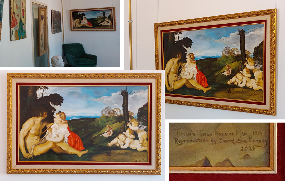 העתק מטיציאנו 3 גילאי האדם ממוסגר עם מרילואיז בד ופנל פנימי עתיק קטיפה בורדו 