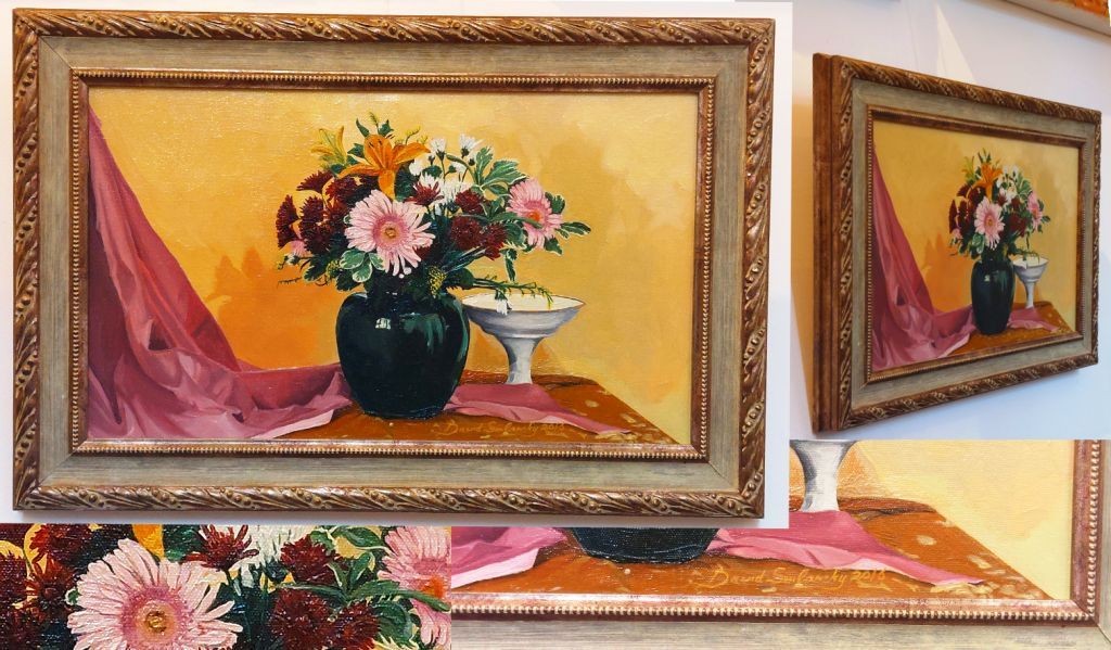 פרחים באגרטל ירוק טבע דומם , שמן על קנווס , ממוסגר . ד.סמילנסקי 2016