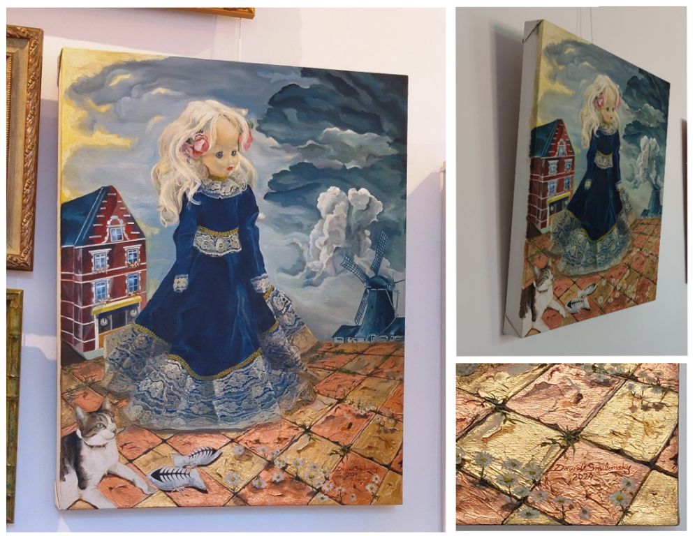 בובה על דרך הזהב 2024 , שמן ,עלי זהב ותבליט על קנווס.76*61 ס"מ מאת דוד סמילנסקי